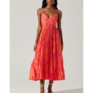 NWT Astr the Label Blythe Plisse Midi Dress Orange Pink Women Size XL